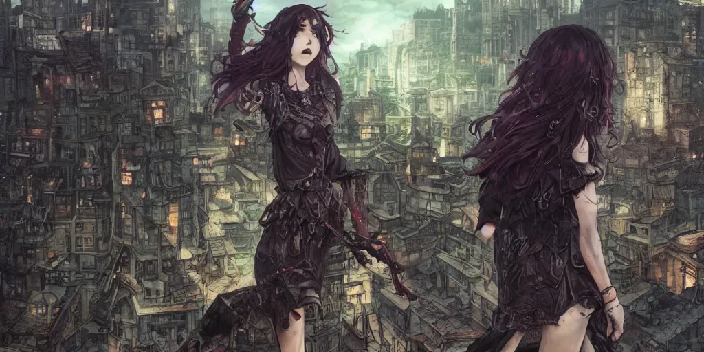 Image similar to goth woman in front of city, color page, tankoban, 4 k, tone mapping, akihiko yoshida, james jean andrei riabovitchev marc simonetti, yoshitaka amano, long hair, curly, h. hydrochaeri