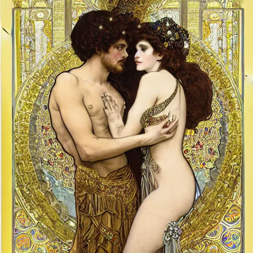 Image similar to realistic detailed dramatic symmetrical portrait of Samson and Dalida as Salome dancing, wearing an elaborate jeweled gown, by Alphonse Mucha and Gustav Klimt, gilded details, intricate spirals, coiled realistic serpents, Neo-Gothic, gothic, Art Nouveau, ornate medieval religious icon, long dark flowing hair spreading around her