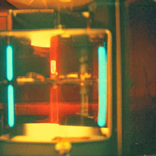 Image similar to a cup of tea, inside of a 1970s science lab, neon lights, dirty, ektachrome photograph, volumetric lighting, f8 aperture, cinematic Eastman 5384 film