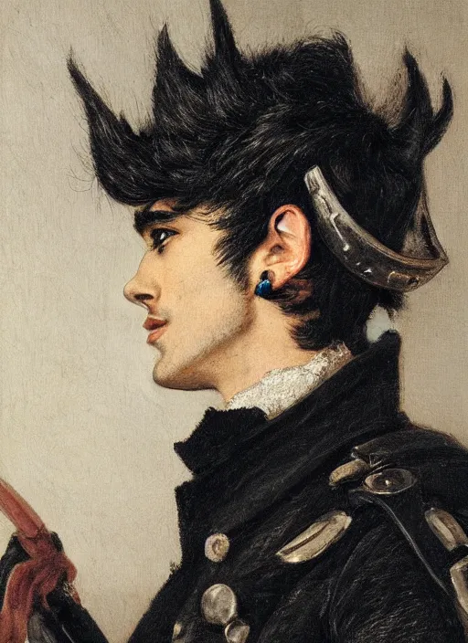 Image similar to portrait of zayn malik as an elf by henriette ronner - knip, only one head single portrait, pointy ears, wearing a black leather napoleonic military jacket