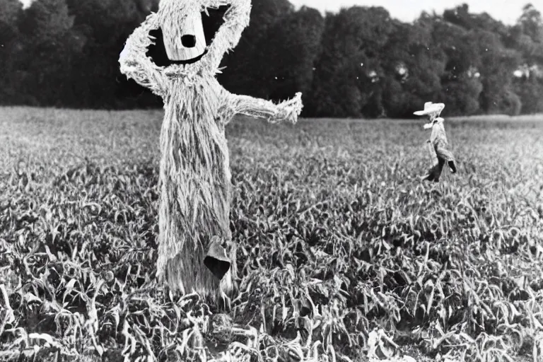 Image similar to frightening scarecrow from the early 1 9 0 0's dancing in the cornfields