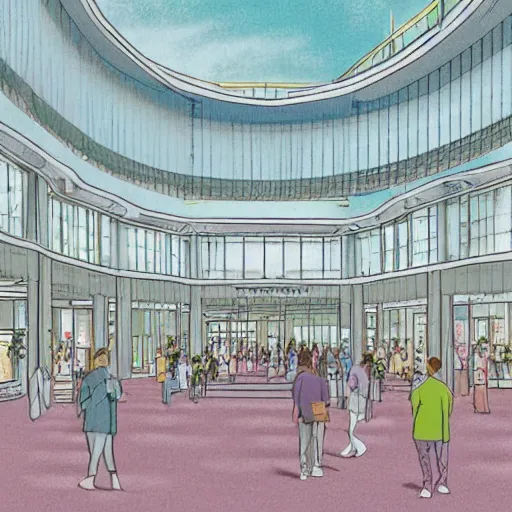 Prompt: illustration in pastel colors of the main atrium of a 1 9 9 0 s mall