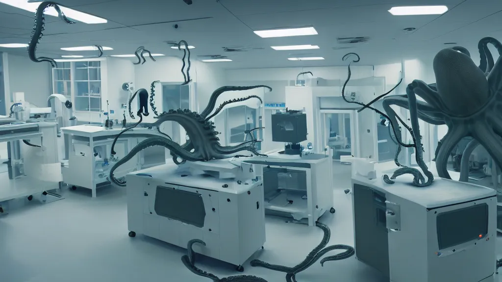 Image similar to a mri 3 d printer machine and control panels in the laboratory inspection room making mutant octopus forms, film still from the movie directed by denis villeneuve with art direction by salvador dali, wide lens