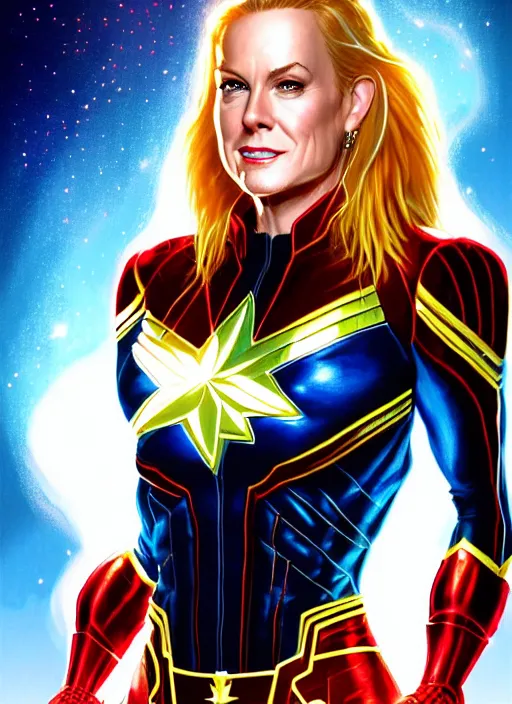 Image similar to lita ford as captain marvel, intricate, elegant, glowing lights, highly detailed, digital painting, artstation, glamor pose, concept art, smooth, sharp focus, illustration, art by artgerm and greg rutkowski, artey freytag