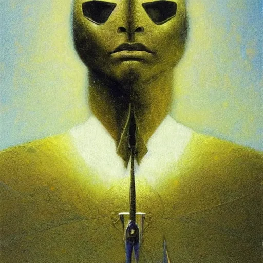 Prompt: portrait of powerful mighty noble knight in golden armour. He has big sword. He has golden hairs and blue eyes. Painting by Beksinski