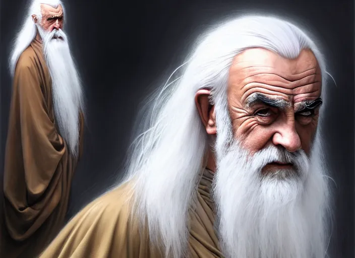 Prompt: white haired sean connery as a monk with long beard, robes, intricate, elegant, highly detailed, centered, digital painting, artstation, concept art, smooth, sharp focus, illustration, artgerm, tomasz alen kopera, peter mohrbacher, donato giancola, joseph christian leyendecker, wlop, frank frazetta