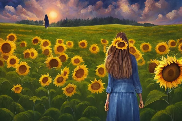 Image similar to giant sunflower as a head, girl walking in daisy field, hills, surreal photography, dark night, star trails, dramatic light, impressionist painting, clouds, digital painting, artstation, simon stalenhag