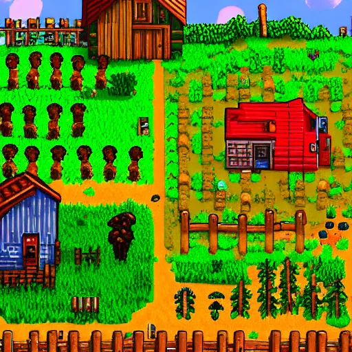 Prompt: the perfect farm in stardew valley, detailed, trending, digital art on artstation