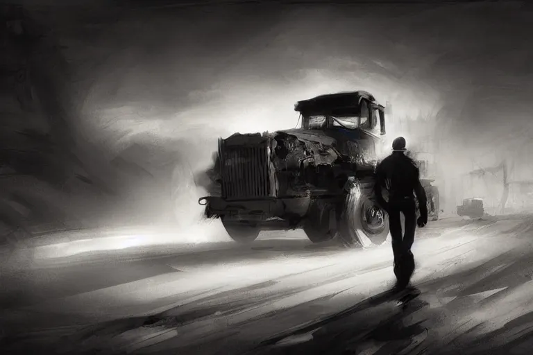 Image similar to epic concept art of an approaching truck and a man standing still. man in foreground. backlight. strong contrast. by ashley wood and j. m. w. turner, speed painting, photo bash, cinematic angle, super detailing, strong perspective, over the shoulder shot