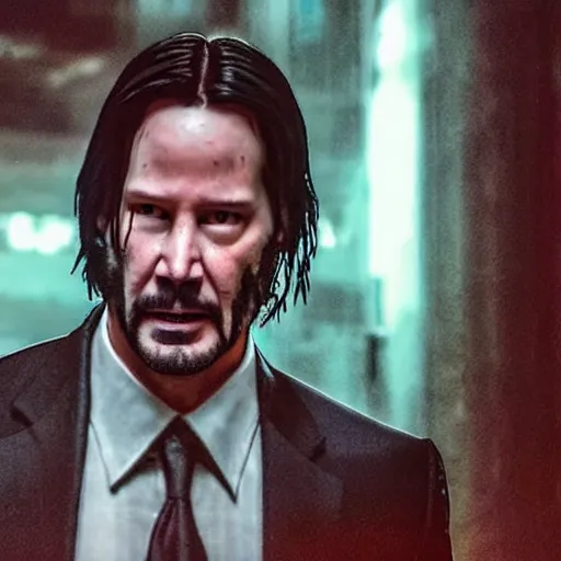 Prompt: keanu reeves as john wick, cyberpunk, walking the streets of night city in the rain, highly detailed, intricate, photorealistic, cinematic lighting