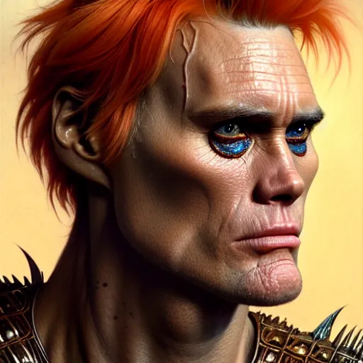 Prompt: portrait painting of jim carrey with a soft expression and short light orange hair and tribal tattoos on his face wearing fur armor, ultra realistic, concept art, intricate details, eerie, highly detailed, photorealistic, octane render, 8 k, unreal engine. art by artgerm and greg rutkowski and charlie bowater and magali villeneuve and alphonse mucha