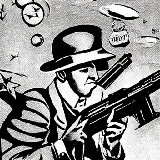 Image similar to a 1 9 2 0's bankrobber firing a tommy gun while floating in space