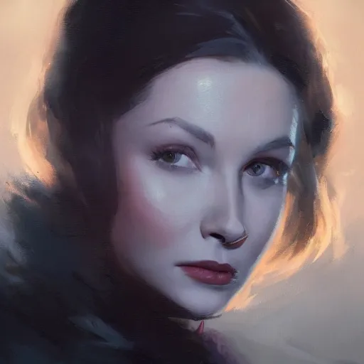 Image similar to closeup portrait of a young vivian leigh, dramatic lighting, city background, night, moon, chiaroscuro, complementary contrast, high detail, painted by greg rutkowski, painted by igor kieryluk, painted by bobby chiu, trending on artstation