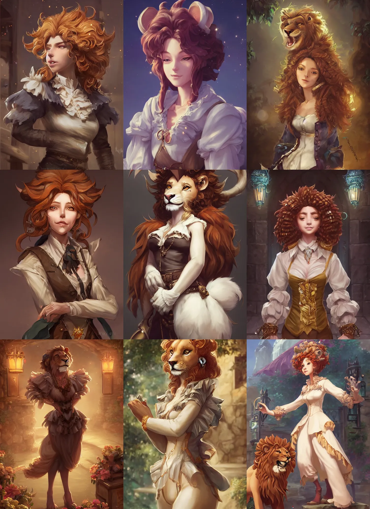 Prompt: beautiful portrait of a female anthropomorphic lion fursona wearing a fancy ruffled shirt outside a fantasy tavern. character design by charlie bowater, ross tran, artgerm, and makoto shinkai, detailed, soft lighting, rendered in octane