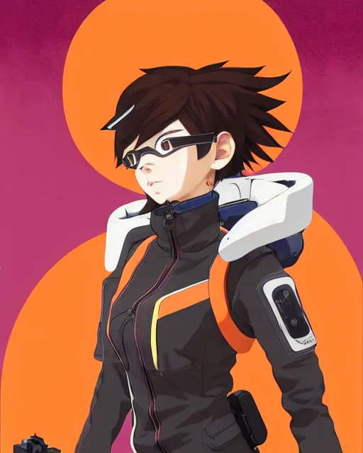 Prompt: Anime as Tracer Overwatch wearing brown-leather-coat; in snowboard orange-mask || cute-fine-face, pretty face, realistic shaded Perfect face, fine details. Anime. realistic shaded lighting poster by Ilya Kuvshinov katsuhiro otomo ghost-in-the-shell, magali villeneuve, artgerm, Jeremy Lipkin and Michael Garmash and Rob Rey as Overwatch Tracer cute smile