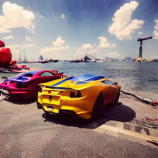 Image similar to professional high quality wide - angle image of a colorful sports car from the year 2 0 7 7 that is badly damaged and crashed halfway into the water at a stevedoring port. ( 2 0 7 7 kodachrome panavision ). the weather is sunny but with a small rain cloud. imax 7 0 mm, wide - angle.