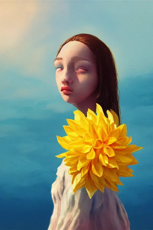 Image similar to closeup girl with huge yellow dahlia flower face, on beach, surreal photography, blue sky, sunrise, dramatic light, impressionist painting, digital painting, artstation, simon stalenhag