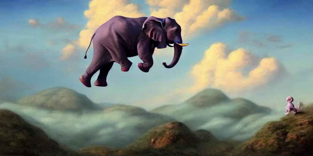 Image similar to A baby purple elephant flying in the clouds, mountains in the background, illustration, detailed, smooth, soft, warm, by Adolf Lachman, Shaun Tan, Surrealism