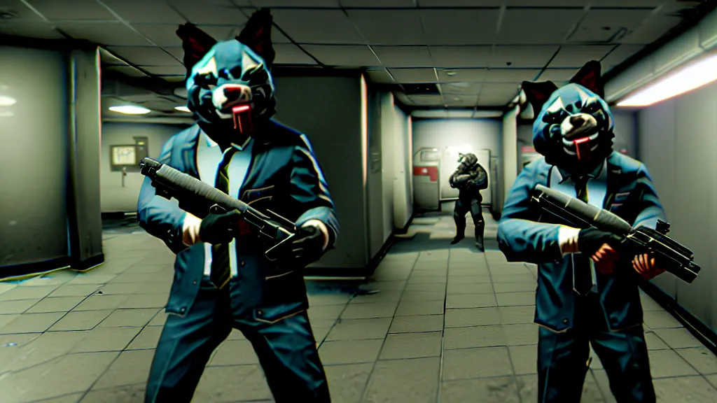 Image similar to Screenshot from the PC game Payday 2 demonstrating the fursuit unlock