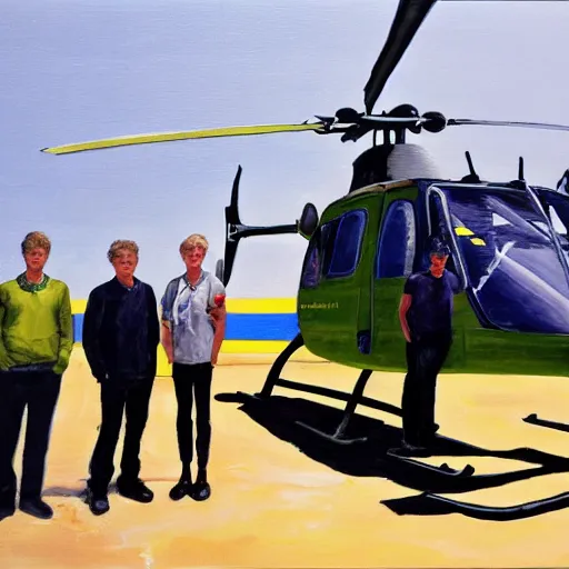 Image similar to painting of blonde swedish guy and tall korean guy in front or robinson helicopter