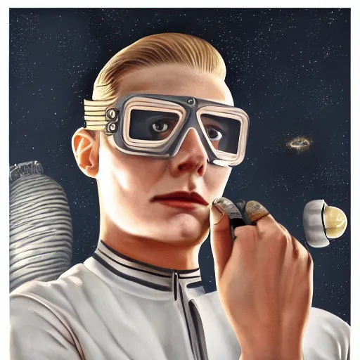 Image similar to painting of square - jawed emotionless serious blonde woman starship engineer, tribal tattoos, handsome, short slicked - back hair, sweating, uncomfortable and anxious, looking distracted and awkward, wearing victorian dark goggles, flight suit and gloves, small spacecraft in background, highly detailed, mike mignogna, trending on artstation