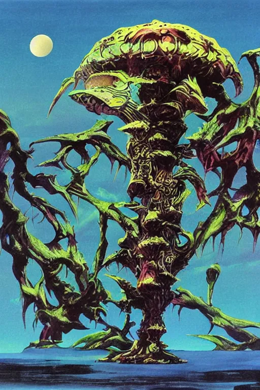 Image similar to a tokusatsu monster realistic with iron spikes album cover by roger dean