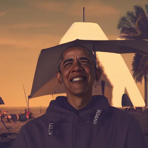 Image similar to Barak Obama on the beach, artistic, 8k, dramatic lighting, octane render, beeple