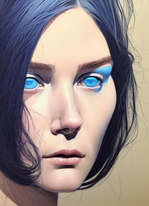 Image similar to a close up on the face of a beautiful woman in a future space suit; highly detailed; pretty blue eyes; pupils; artwork by james jean and Phil noto