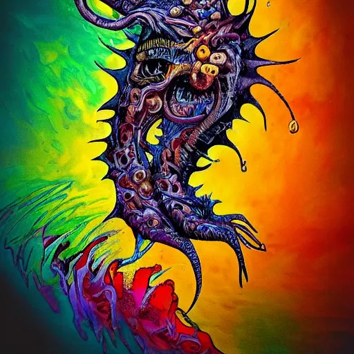 Prompt: madness creature, fluid, smooth, organic, crazy, bright, colours, tumours, high contrast, sharpness, dramatic, very detailed, intricate