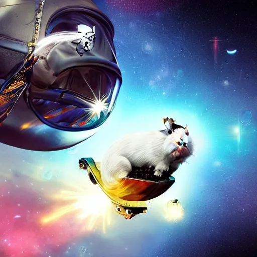 Image similar to photorealistic picture of a futuristic pirate in outer space riding a cyberpunk guinea pig