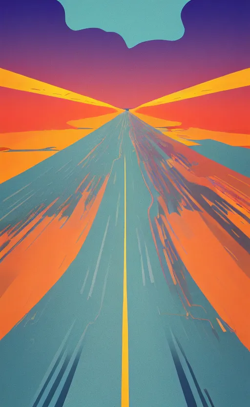 Image similar to textless paperback book cover. screen print. graphic design. pure colors, melting clouds, accurately drawn details, a sunburst above a receding road with the light reflected in furrows and ruts, after rain. photorealistic. octane render. cinematic. trending on artstation. textless.