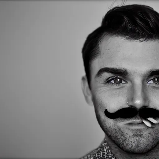 Prompt: a headshot of a happy masculine gay man with a mustache and green eyes, 35mm photo