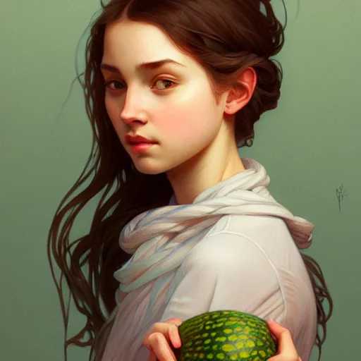 Prompt: Portrait of a girl with a melon, face, casual, intricate, elegant, highly detailed, digital painting, artstation, concept art, smooth, sharp focus, illustration, art by Sam Youn and Fernanda Suarez and Artem Demura and alphonse mucha