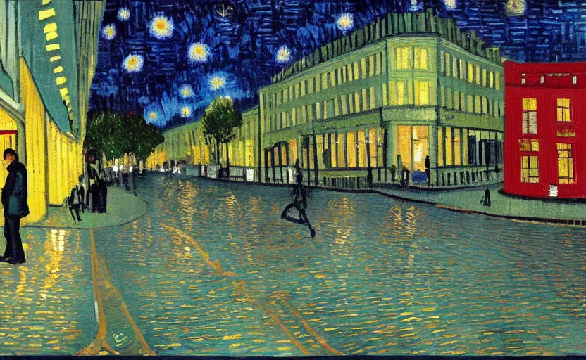 Prompt: abbey road, london at night, painting by van gogh, oil paint,
