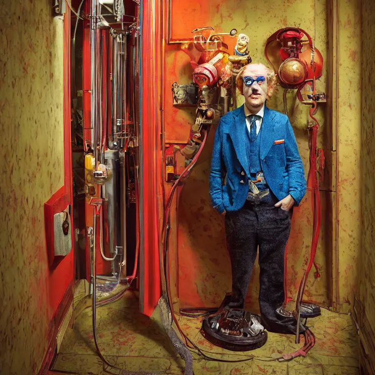 Image similar to professional octane render portrait by wayne barlow and carlo crivelli and glenn fabry, an eccentric weird man in a bright colorful saturated wes anderson elevator operator costume inside a dark and moody vintage elevator in a high - end exotic vintage boutique hotel, very short depth of field, bokeh