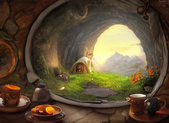 Prompt: the view from inside a hobbit hole looking out a window into a busy hobbit path, by alan lee, sunset, a fat orange cat is looking out, windowsill loaded with steaming food and teacups, window glass reflecting, intricate, highly detailed terrain, digital painting, artstation, concept art, smooth, sharp focus, illustration, vfx