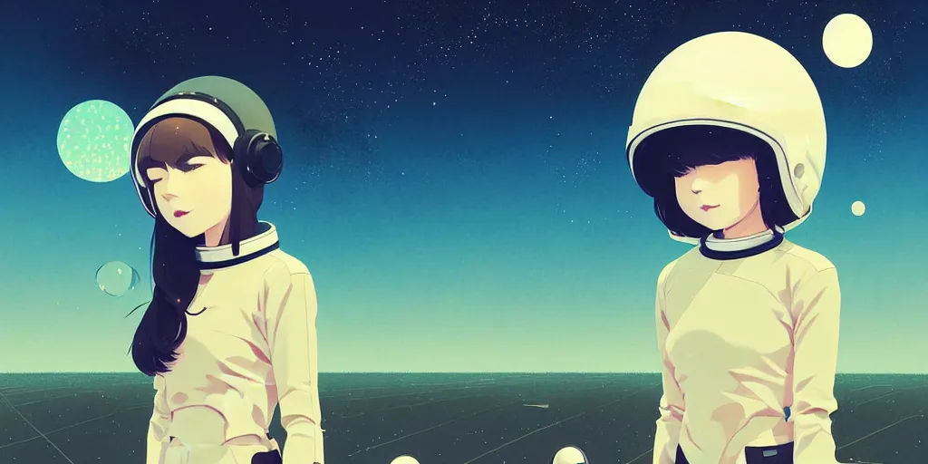 Image similar to portrait of a girl with astronaut helmets by ilya kuvshinov, cloudy sky background lush landscape ln illustration concept art anime key visual trending pixiv by victo ngai fanbox by greg rutkowski makoto shinkai takashi takeuchi studio ghibli