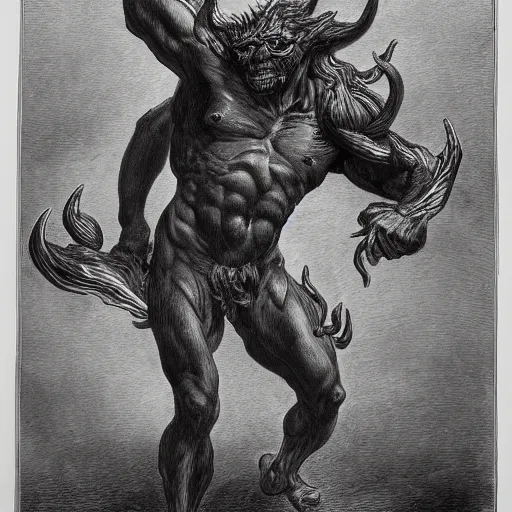 Prompt: full body grayscale drawing by Gustave Dore of muscled horned humanoid beast in heroic pose, swirling flames in background