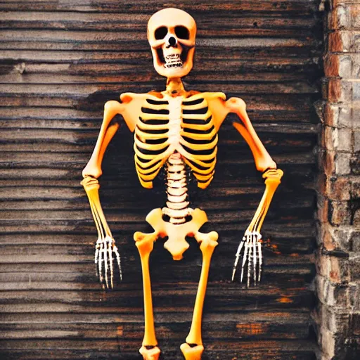 Image similar to a skeleton. his hands looks like traffic - cones. full body photography.