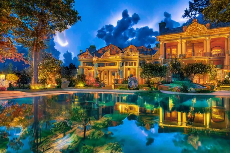 Image similar to photo of beatiful mansion with a beatiful reflective pool, a colorful plane is flying above the clouds, night, intrictave, 8k highly professionally detailed, HDR, Gcsociety