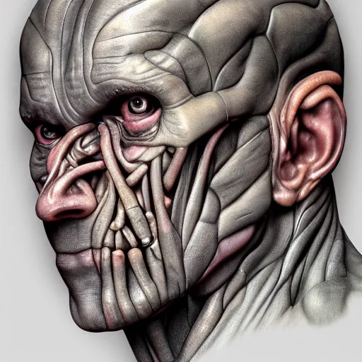 Prompt: portrait of a biomechanical human, eyes replaced with an a array of sensors, muscle striation visible, 8k, color airbrush, by Simon Bisley