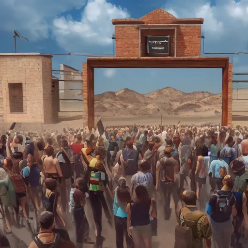 Image similar to large millennial crowd in front of a | prison! locked down government security military gate | in the hot desert trending on artstation digital paint 4 k render