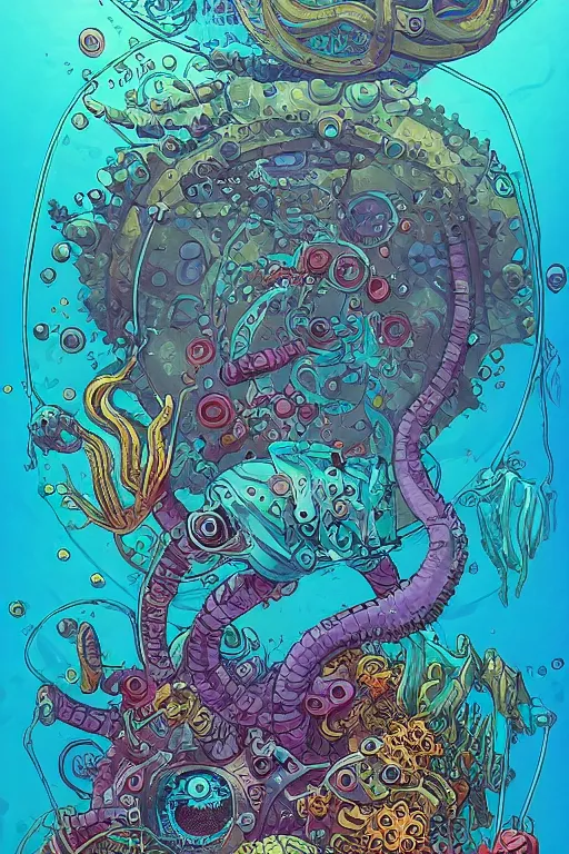 Prompt: a picture of mysterious colourful underwater creature, being discovered by a man in a steampunk diving suit. water is deep aquamarine coloured. poster art by james jean, concept art, behance contest winner, very detailed, award - winning. lovecraftian, cosmic horror, bioluminescence, submechanophobia