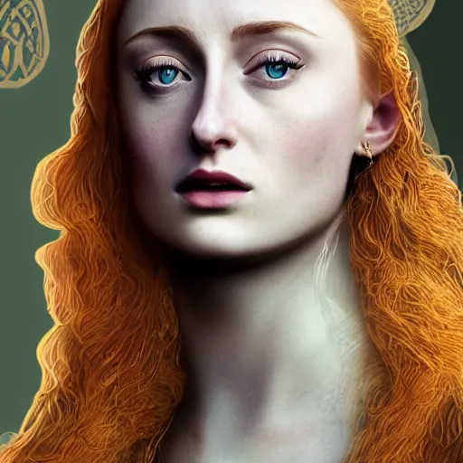 Prompt: Sophie Turner as a Celtic Queen, photorealistic, immense detail, 8K
