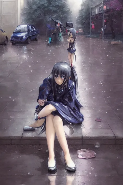 Image similar to A stern girl in Japanese maid's clothes and long stockings sits on the wet pavement in a parking lot in the rain at night. Dark 3d anime drawing art by Ruan Jia and Mandy Jurgens and Artgerm and William-Adolphe Bouguerea Sakimichan