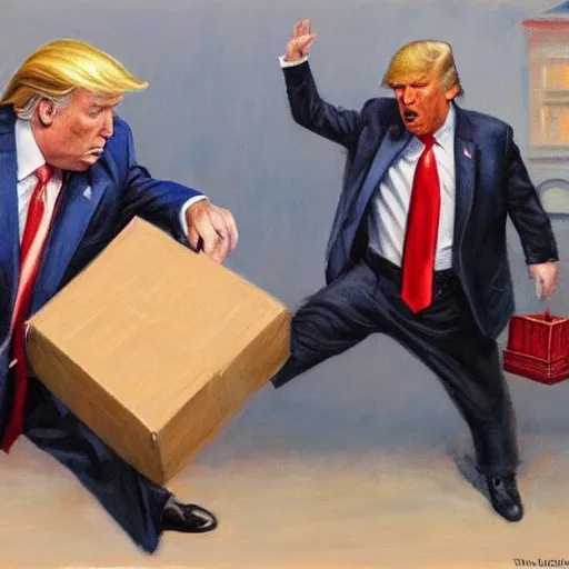 Image similar to jon mcnaughton painting of donald trump sneaking out of the white house with a box labeled top secret