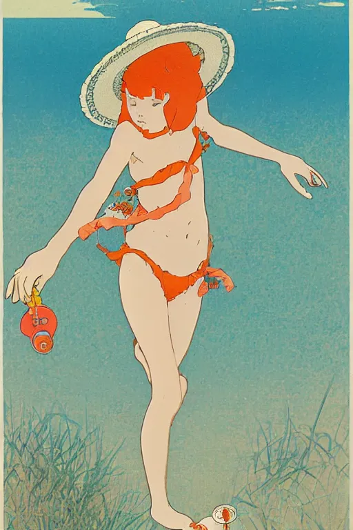 Image similar to A girl in a white lacy bikini and white sun hat and Holding a heart-shaped lifebuoy, jumping for joy,long orange hair floating on air ,Waves and splashes,beach ,Smooth visual lines,graphic Design by mucha and studio ghibli