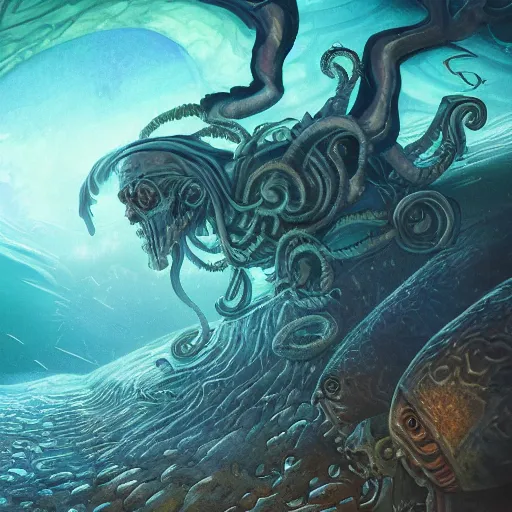 Image similar to A dead Eldritch god laying at the bottom of the ocean, Dungeons and Dragons book cover, epic art, 4K