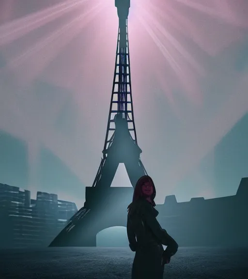 Prompt: dramatic lighting scene of a female artist in 2 0 5 0 future eiffel tower. moody and melancholy. with a little bit of lens flare. digital art by beeple