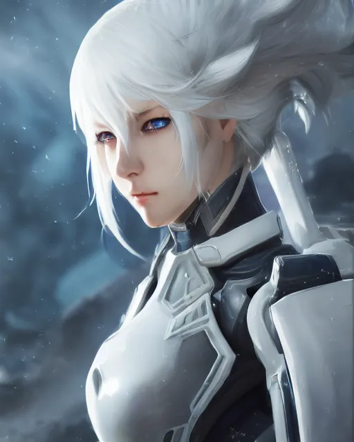 Prompt: perfect white haired girl, warframe armor, beautiful, dreamy, half asian, pretty face, blue eyes, detailed, windy weather, scifi platform, laboratory, experiment, 4 k, ultra realistic, epic lighting, cinematic, high detail, masterpiece, art by akihito tsukushi, akihiko yoshida, voidstar